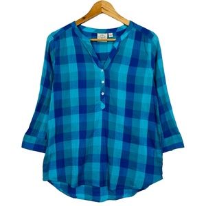 St. John Bay Gingham V Neck Slubbed Cotton Lightweight Button Up Pullover Blouse